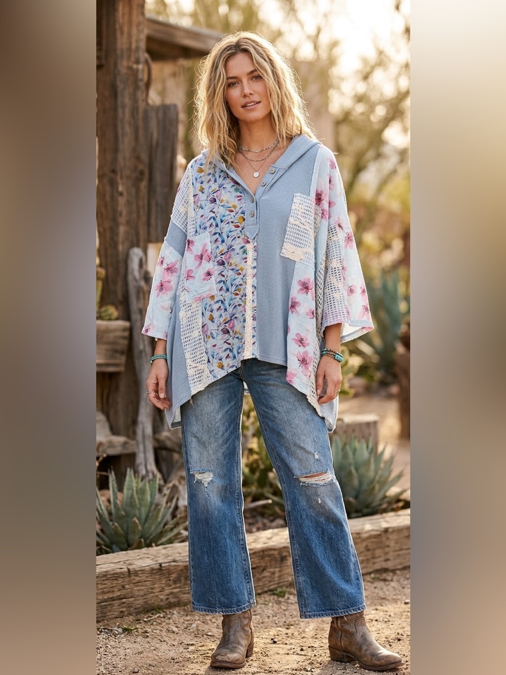 POL Women's Light Blue Floral Patchwork Hooded Jacket